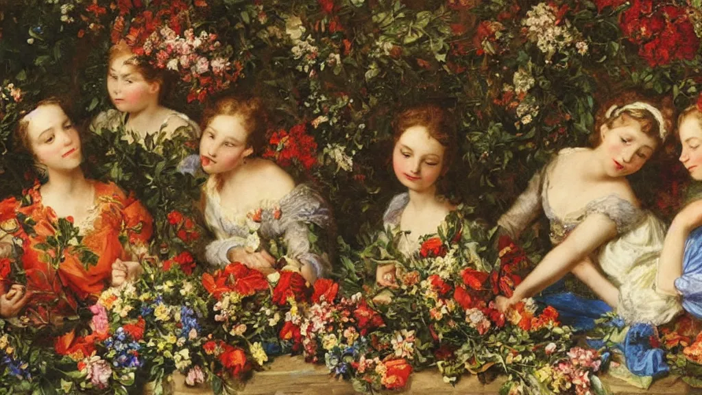 Image similar to A young guy's head is lying in a beautiful bouquet of flowers on a table, and his sisters are looking on, ancient fairy tale style