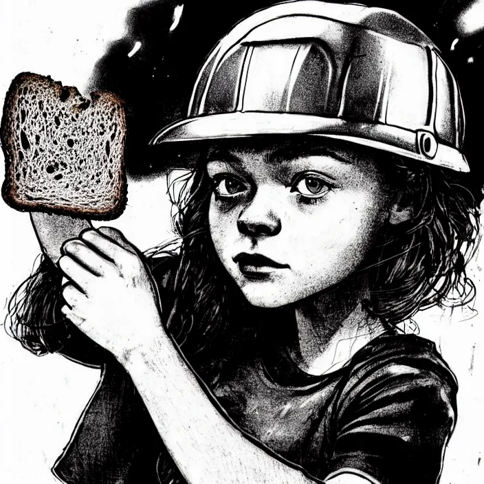 Image similar to extreme close - up on sadie sink as a miner : she lifts a slice of bread with her hand, looks at it. background : black tiles!! on walls. black and white, pencil and ink. by gabriel hardman, joe alves, chris bonura. cinematic atmosphere, detailed and intricate, perfect anatomy