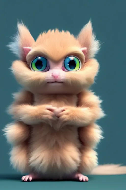 Image similar to high quality 3 d render hyperrealist very cute multipastel fluffy! one - eye cat tarsier hybrid with detailed fluffy wings!!, vray smooth, in the style of detective pikachu, hannah yata charlie immer, dramatic blue light, low angle, uhd 8 k, sharp focus