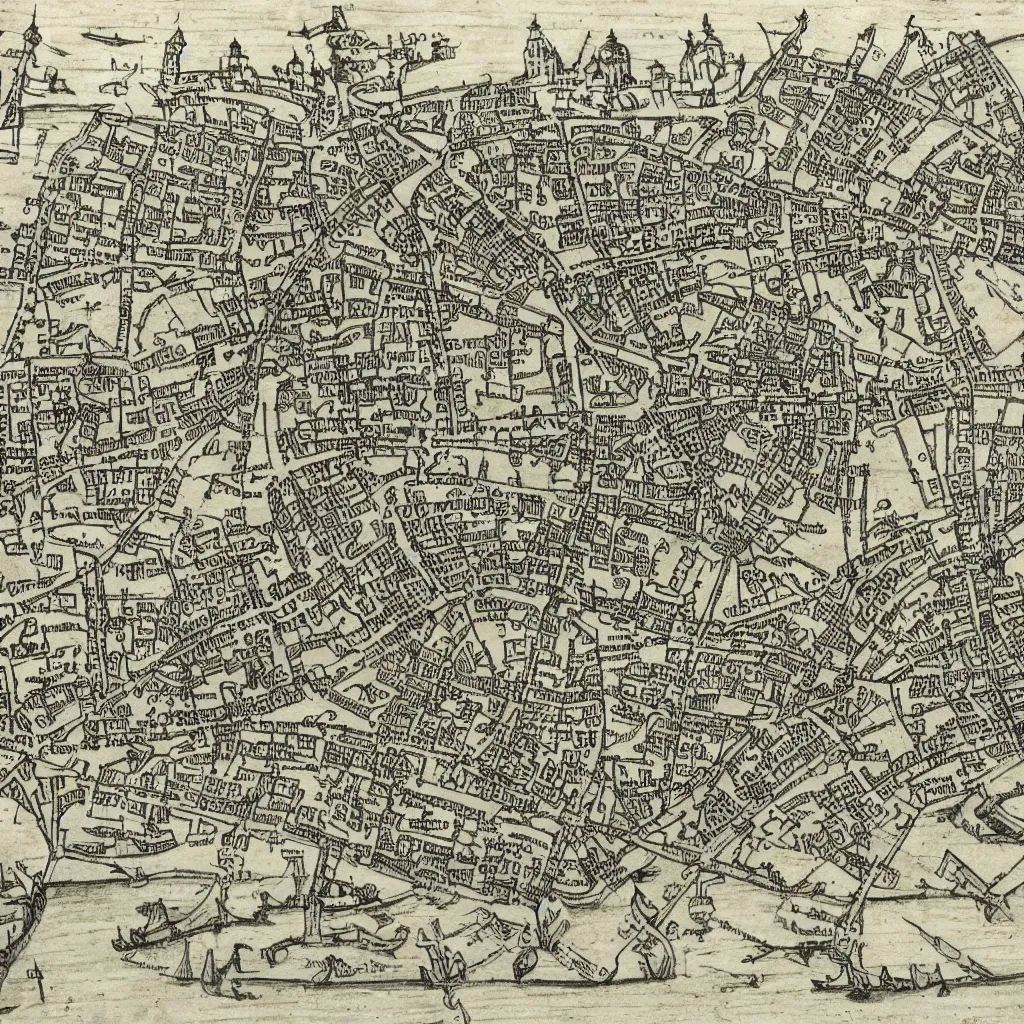 Image similar to medieval london with ports and road, map, technical drawing, schematic, diagram, manuscript