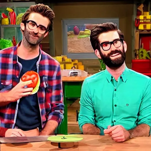 Image similar to rhett and link sitting on the set of good mythical morning, with a new guest a tomato monster