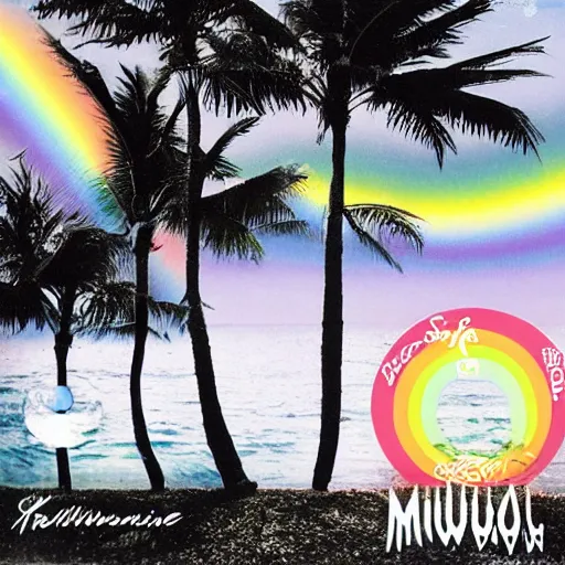 Image similar to miracle musical Hawaii part ii album cover, showing an ocean in the background, spiral transparent stairs on the left with tall palm trees behind it, a slight rainbow in the background, white outline border, moon in the right top area black and white except for the rainbow album cover rainbow text in the center reading Hawaii part ii, 80s Japanese