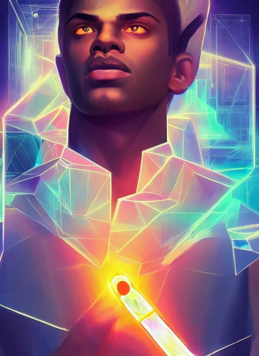 Image similar to symmetry!! egyptian prince holding crystal scepter of power, solid cube of light, hard edges, product render retro - futuristic poster scifi, lasers and neon circuits, brown skin man egyptian prince, intricate, elegant, highly detailed, digital painting, artstation, concept art, smooth, sharp focus, illustration, dreamlike, art by artgerm