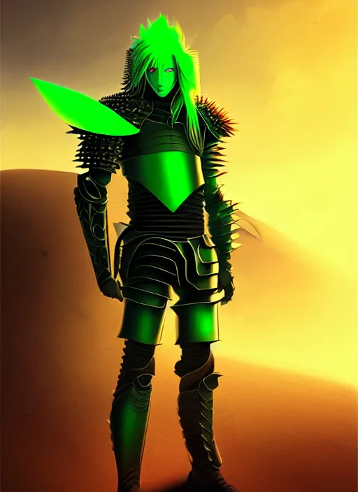 Image similar to a striking cinematic full body manga portrait of a male warrior with long blonde hair and blue eyes wearing evil green spiked cyberpunk armour and standing in a desolate desert wasteland by hirohiko araki and beeple, fine details, digital art, character concept art, volumetric lighting, cinematic light, photorealistic