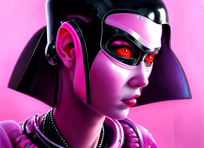 Image similar to portrait shot of a female pink vader with full lips in cyberpunk 2 0 7 7, intricate, elegant, highly detailed, centered, digital painting, artstation, concept art, smooth, sharp focus, illustration, artgerm, tomasz alen kopera, peter mohrbacher, donato giancola, joseph christian leyendecker, wlop, boris vallejo