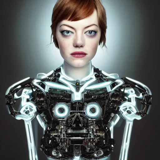 Image similar to beautiful centered Fine art photo portrait of young Emma Stone as a solarpunk robotic humanoid, black mechanical parts with led lights, photorealistic, white background, highly detailed and intricate, outdoor lighting, HDR 8k