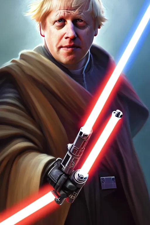 Image similar to Boris Johnson as a Jedi from Star Wars, Union Jack light saber, realistic portrait, symmetrical, highly detailed, digital painting, artstation, concept art, smooth, sharp focus, illustration, cinematic lighting, art by artgerm and greg rutkowski and alphonse mucha