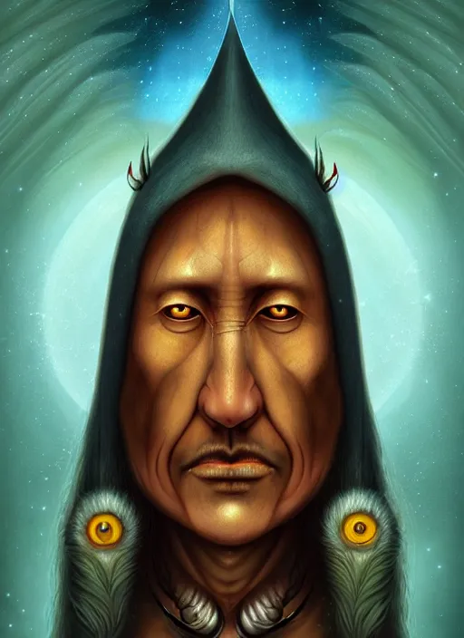 Prompt: matte symmetrical portrait of a wizard of the miwok tribe revealing the ancient secret of how life entered the cosmos, noble bearing. by hieronymus bosch, cyril rolando, esher and natalie shau, whimsical, profound, impossible. trending on devaintart.