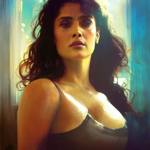 Image similar to salma hayek, hyperrealistic portrait, bladerunner street, art of elysium by jeremy mann and alphonse mucha, fantasy art, photo realistic, dynamic lighting, artstation, poster, volumetric lighting, very detailed face, 4 k, award winning