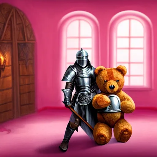 Image similar to a medieval fantasy knight holding a teddy bear inside a pink bedroom, matte oil painting, d & d, sharp focus, award - winning, extremely detailed, 4 k, 8 k