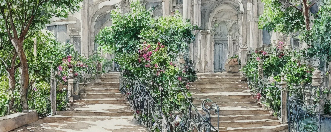 Image similar to isomeric view, sunny, stairway, chairs, wrought iron gate, tree, delicate, botanic garden, garden road, temple in a botanical herbarium paper, watercolor colored painting, iridescent colors, 8 k, realistic shaded, fine details, artstation, italian style, colonnade, huge flower