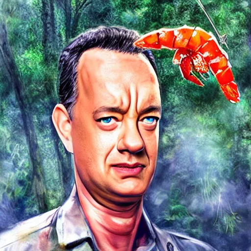 Image similar to Tom Hanks as forrest holding a giant shrimp on a stick over a campfire in the jungle, realistic digital painting, in the style of Aleksi Briclot, photoreailstic, realistic face, amazing detail, sharp