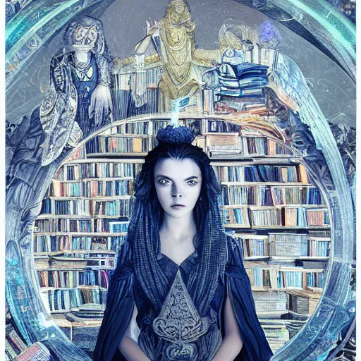 Image similar to a portrait of a older anya taylor - joy as the goddess minerva surrounded by stacks of books, bioluminescent gown with deep level of detail of esoteric symbols, urban motifs, intricate, elegant, highly detailed, digital painting, trending on artstation, concept art, smooth sharp focus, illustration, art by artgerm and greg rutkowski