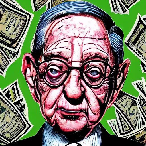 Image similar to George Soros full body shot, dollar bills Body horror, biopunk, by Ralph Steadman, Francis Bacon, Hunter S Thompson