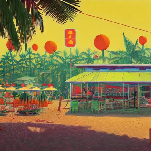 Image similar to inside psychedelic beachfront fast food restaurant with palm trees by simon stalenhag