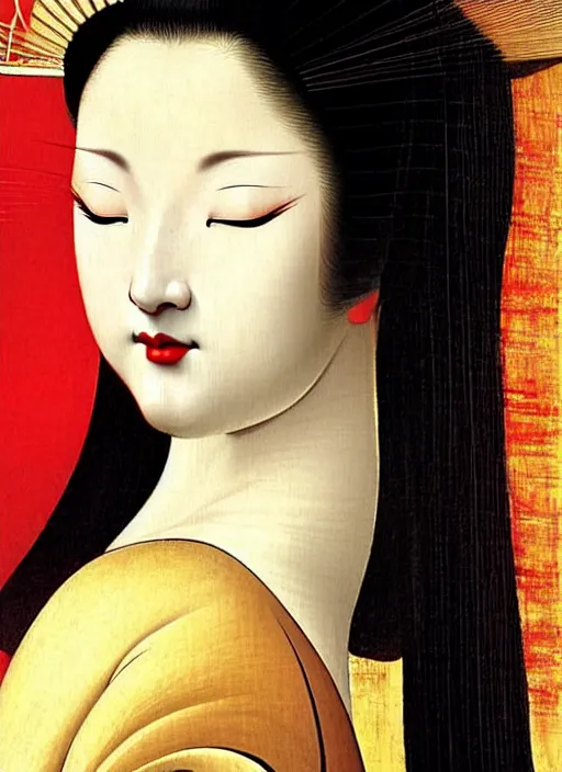 Prompt: glamorous and sexy young Geisha portrait, beautiful pale makeup, pearlescent skin, curvy elegant pose, very detailed face, highly detailed kimono, photorealism, sharp focus, soft diffuse autumn lights, some sunlight ray, zen temple and smoky background, masterpiece painted by Leonardo da vinci and moebius and Sandro botticelli