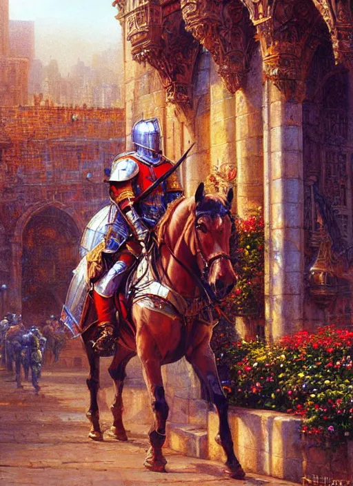 Prompt: knight, city, painting, detailed, realistic, complimentary - colors, light, by richard doyle, by robert hagan, by tim hildebrandt