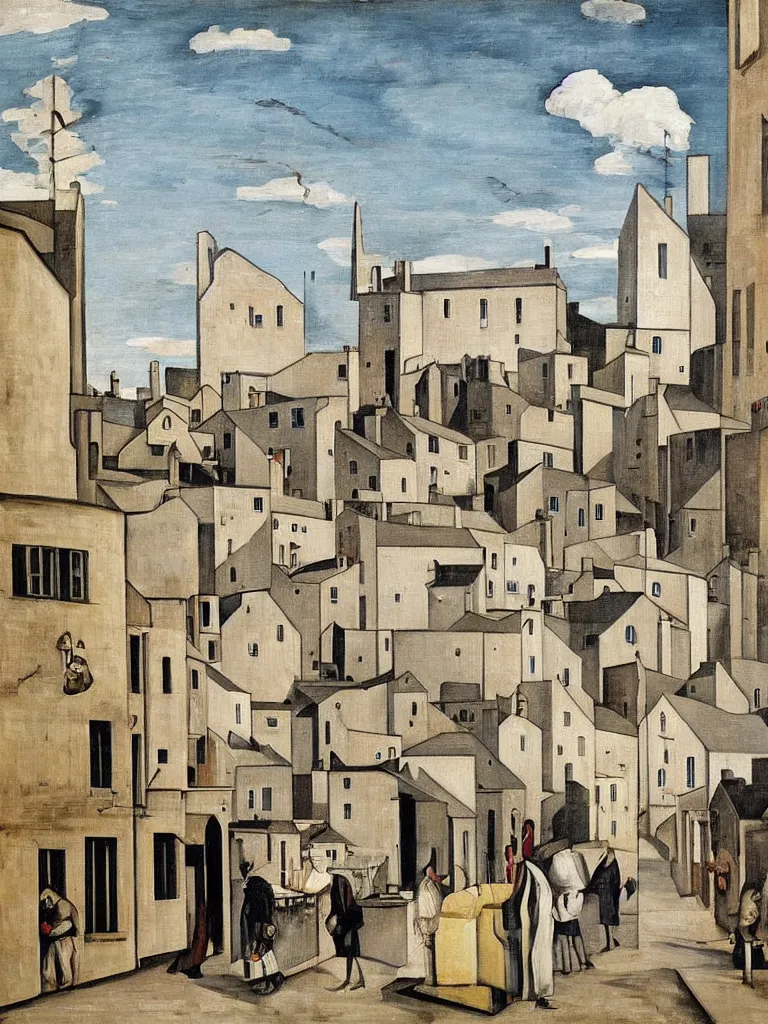 Image similar to a painting of street life in kirkwall, orkney, people,houses, by Giorgio de Chirico