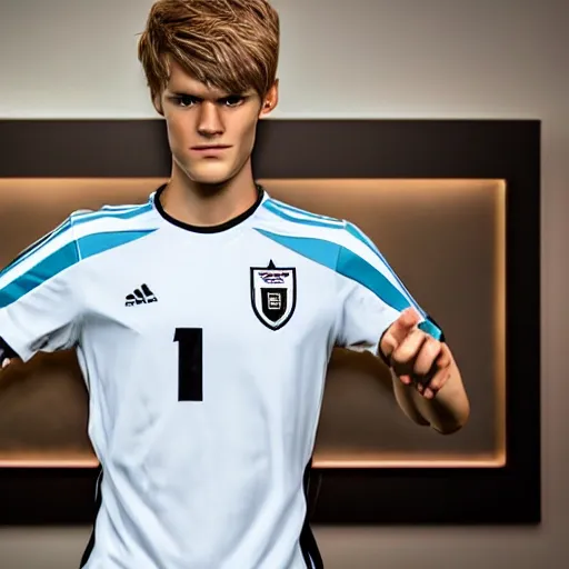 Prompt: a realistic detailed photo of a guy who is an attractive humanoid who is half robot and half humanoid, who is a male android, soccer player martin ødegaard, shiny skin, posing like a statue, blank stare, in a gaming room, on display