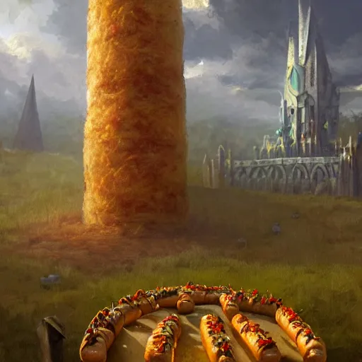 Image similar to a wizard's tower standing alone in a circle of hot dogs, meadow, plains full of burgers, wizard tower, golden chicken nuggets, golden french fries, fantasy, artwork by Marc Simonetti, artwork by Ted Nasmith, Ted Nasmith and Marc Simonetti, 8K, D&D concept art, D&D wallpaper