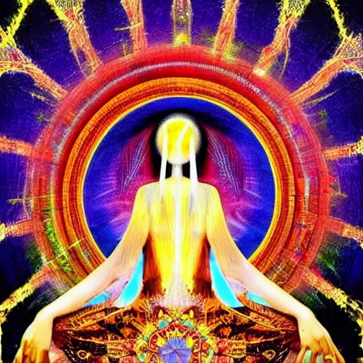 Prompt: Commercialized Spirituality packaged and sold to keep us all from seeking the spirit within and without us all. When you've seen beyond yourself then you may find Peace of mind is waiting there And the time will come when you see we're all one surrealism