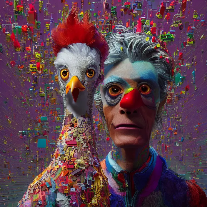 Image similar to portrait of David Bowie as a chicken in Chicken Run. intricate abstract. intricate artwork. by Tooth Wu, wlop, beeple, dan mumford. octane render, trending on artstation, greg rutkowski very coherent symmetrical artwork. cinematic, hyper realism, high detail, octane render, 8k, iridescent accents