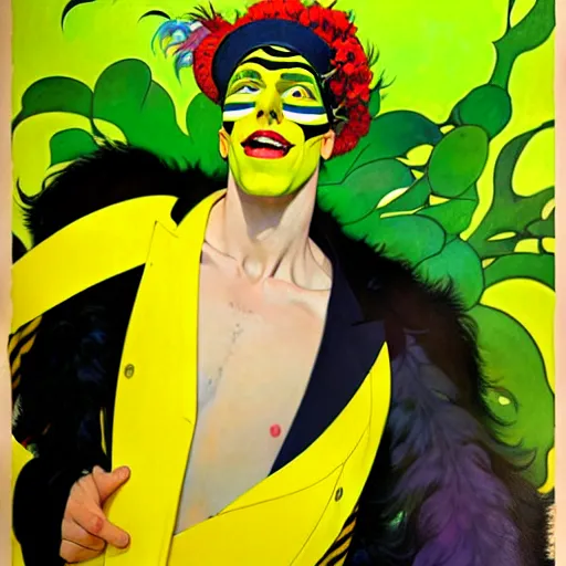 Image similar to art by joshua middleton, the yellow creeper, a tall manically smiling yellow - skinned man with green and black striped cycling shorts and wearing a long red feather boa, yellow makeup, mucha, kandinsky, poster, comic art, stylised design