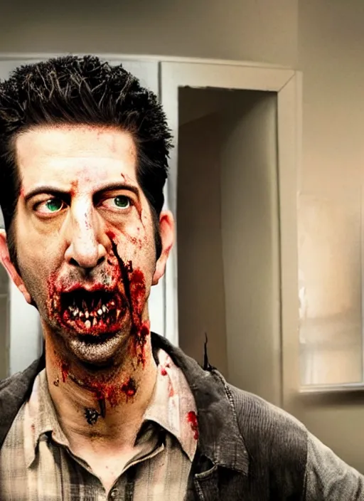 Image similar to david schwimmer becomes an angry zombie, face enhance, realistic, shaun of the dead, izombie, ultra detailed, octane render, lovecraftian, horror, dead space, the walking dead