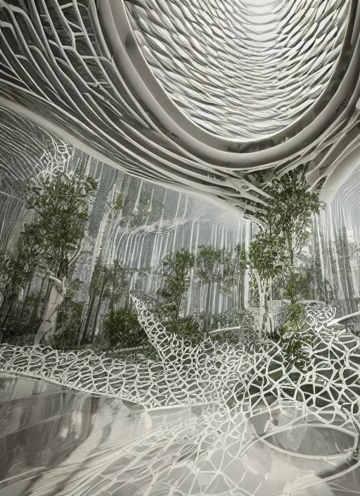 Image similar to a photo of a futuristic biomimicry oasis interior + the interior is elegant and made of a biomimicry nature with ornate patterns + photo taken on a misty morning + architectural photography, 8K, photorealistic