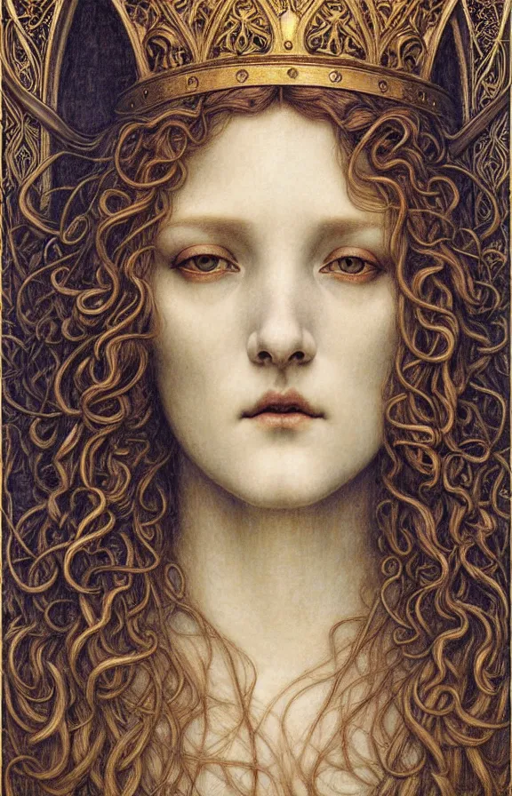 Image similar to detailed realistic beautiful young medieval queen face portrait by jean delville, gustave dore and marco mazzoni, art nouveau, symbolist, visionary, gothic, pre - raphaelite. horizontal symmetry