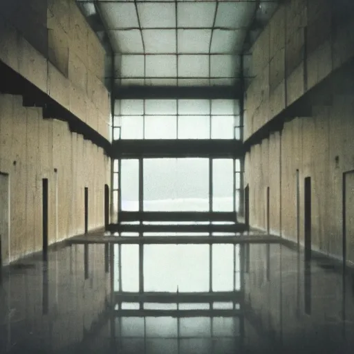 Image similar to eco brutalist interior with high celing and big windows, highly detailed, excellent composition, dramatic lighting, photography, 3 5 mm, kodak film