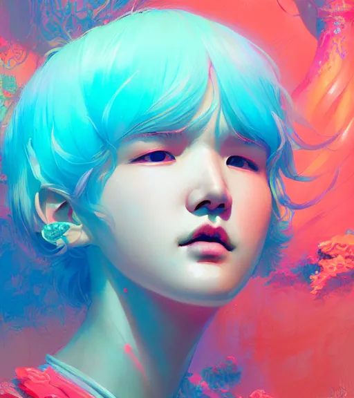 Prompt: harmony of neon glowing coral, ( cyan hair yoongi portrait ) by wlop, james jean, victo ngai, muted colors, highly detailed, fantasy art by craig mullins, thomas kinkade,
