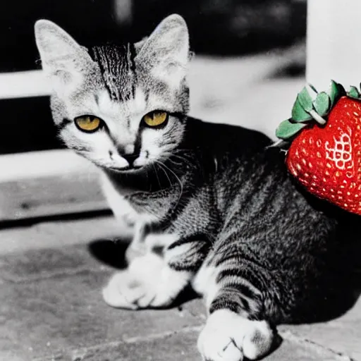 Image similar to 1 9 5 0 s kodachrome photograph of a cat eating strawberries. close up