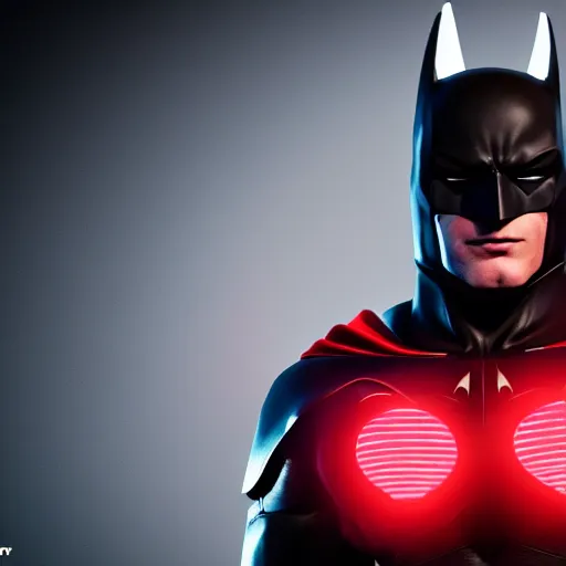 Prompt: a futuristic batman suit, red LED lights, studio lighting, portrait, 8k, unreal engine, trending on artstation