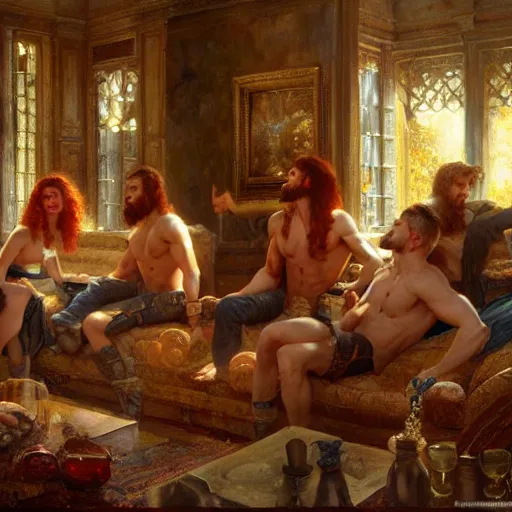 Image similar to attractive muscular mike with ginger hair with attractive tyler with brunet hair, drinking their hearts out, in their noble mansion. very defined and highly detailed painting by gaston bussiere, craig mullins 8 k