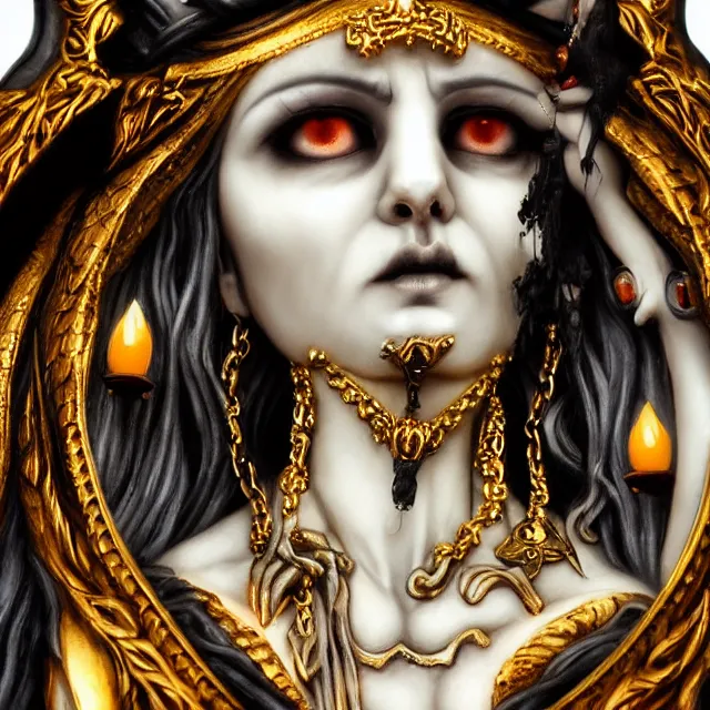 Image similar to centered portrait, close up, candid photography, goddess of death, by anne stokes, updo, highly detailed, accurate