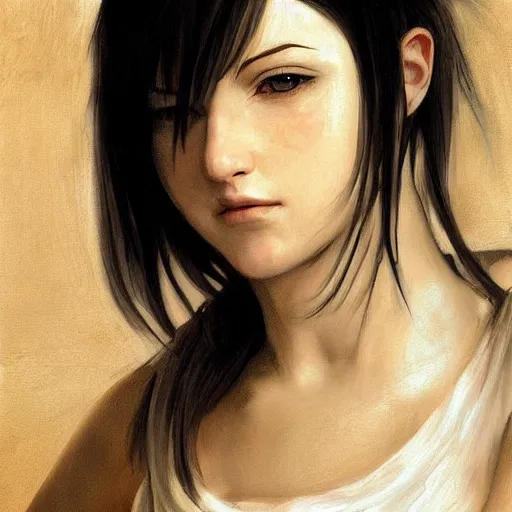 Prompt: Tifa Lockhart portrait, atmospheric lighting, painted, golden ratio, morning light, intricate, highly detailed by Rembrandt