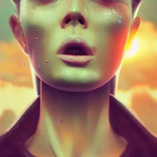 Prompt: 3 d, close - up, screaming fashion model face, sun, cinematic, clouds, vogue cover style, dystopian art, poster art, futuristic, bright mood, fantasy artrealistic painting, intricate oil painting, high detail, 3 d, by tooth wu and wlop and beeple and greg rutkowski