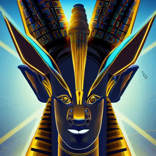 Image similar to egypt god, anubis, light beams, light lines, head, light circles, artstation, highly detailed, perfect lightning, pyramid, amon ra, crystall, vector, digital art, concept art