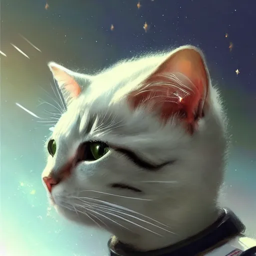 Image similar to head and shoulders masterpiece portrait of a cute adorable cat wearing a spacesuit, surreal background, digital art by krenz cushart, trending on artstation, cgsociety,