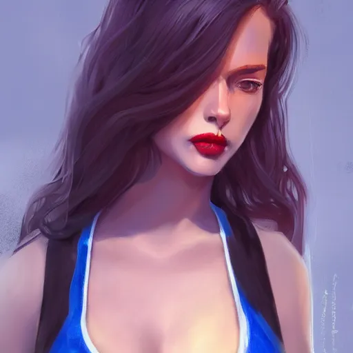 Image similar to a woman wearing black and blue clothes, full body shot, red hair, highly detailed, digital painting, artstation, concept art, smooth, sharp focus, illustration