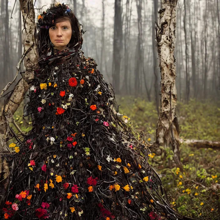 Prompt: closeup portrait of a woman wearing a cloak made of flowers and metal scraps, standing in a burnt forest, by Annie Leibovitz and Steve McCurry, natural light, detailed face, CANON Eos C300, ƒ1.8, 35mm, 8K, medium-format print