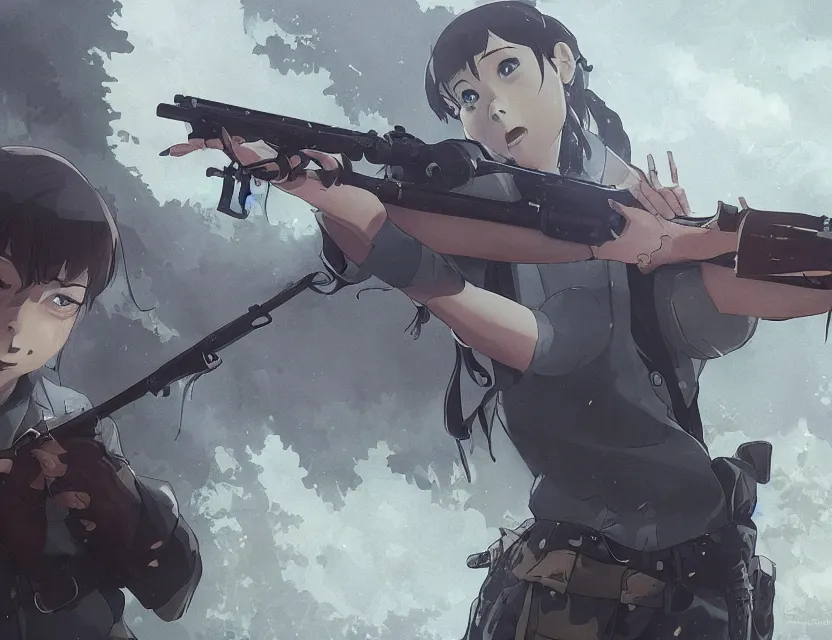 Image similar to a girl with a german rifle shooting nazi zombies, full shot, atmospheric lighting, detailed face, by makoto shinkai, stanley artgerm lau, wlop, rossdraws