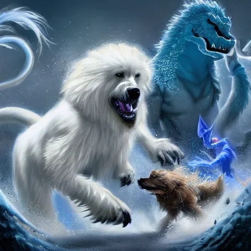 Image similar to fantasy art ultra detailed photo of a yeti and great pyrenees dog fighting a dragon in a blizard