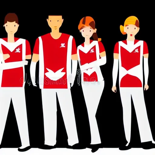 Prompt: team of 4 excited people in team uniform, vector illustration, minimal face features, vector illustration, white background