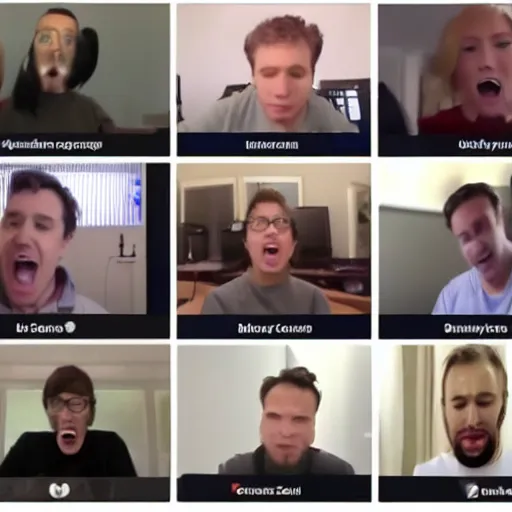 Image similar to zoom call conference with 2 0 people, all screaming at each other with their microphones off, screenshot from a macosx