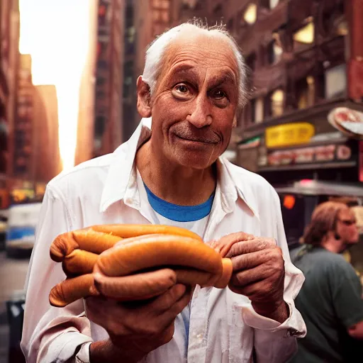 Image similar to closeup portrait of a sneaky man hiding trying to sell hotdogs in a smoky new york back street, by Annie Leibovitz and Steve McCurry, natural light, detailed face, CANON Eos C300, ƒ1.8, 35mm, 8K, medium-format print