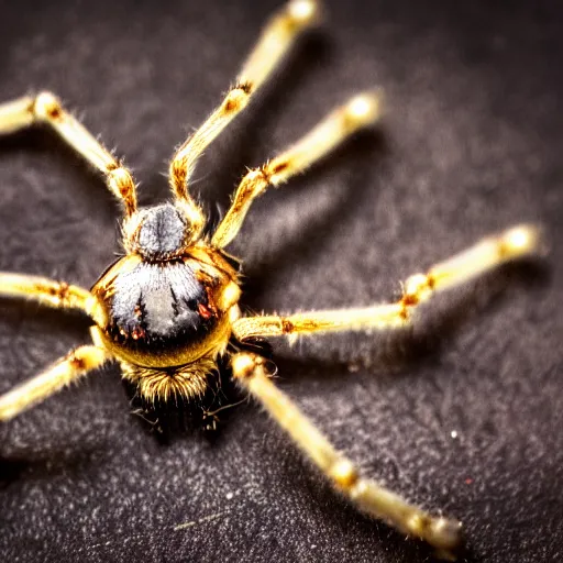 Prompt: macro photograph of a miniature mechanical spider