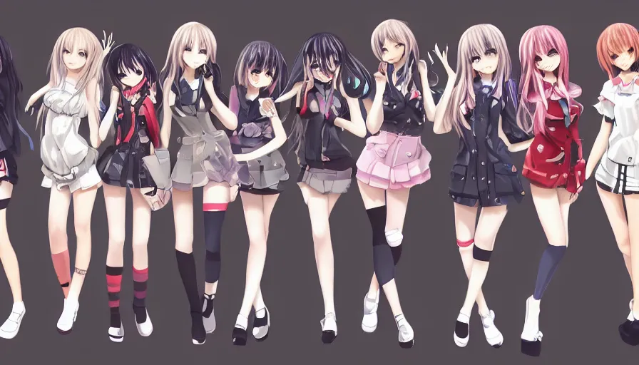 Image similar to group of cute anime characters in very short miniskirts, lightly dressed, ultra detailed digital art, hyper real, detailed, group photo, ultra detailed, ground up angle