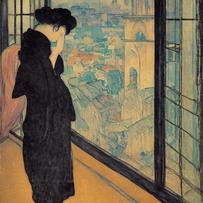 Prompt: portrait of sad woman in kimono and persian cat with city with gothic cathedral seen from a window frame with curtains. cloudy sunset. mikalojus konstantinas ciurlionis, henri de toulouse - lautrec, paul delvaux, utamaro, matisse, monet